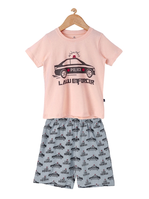 

KiddoPanti Boys Pink & Grey Printed T-shirt with Shorts