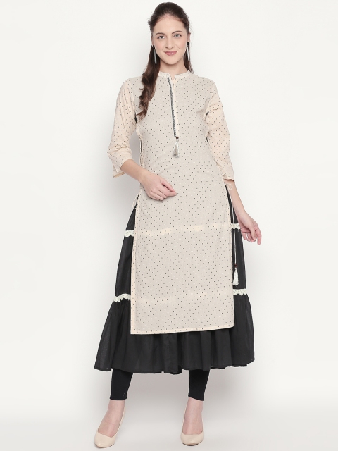 

ZRI Women Beige & Black Woven Design Layered A-Line Kurta