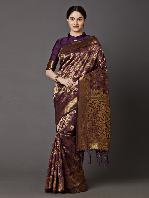 

Mitera Purple & Magenta Silk Blend Woven Design Banarasi Saree