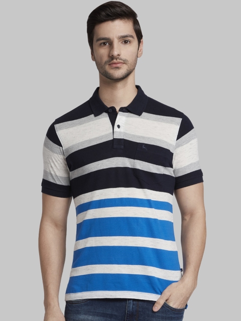 

Parx Men Navy Blue & White Striped Polo Collar T-shirt