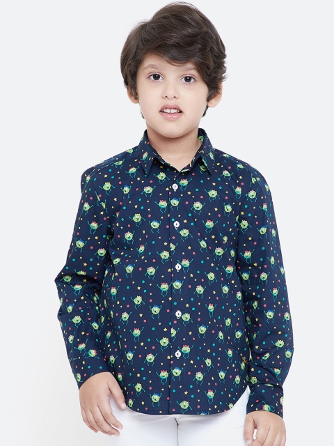 

KIDKLO Boys Navy Blue Regular Fit Printed Casual Shirt