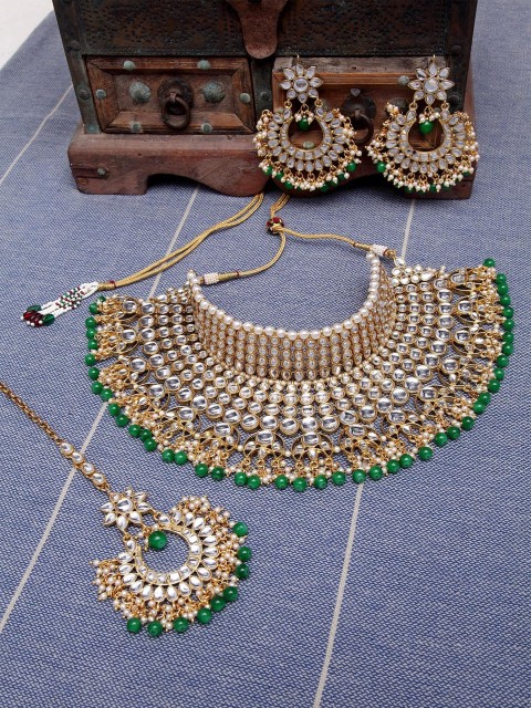 

Shining Diva Gold-Plated Green & White Kundan Jewellery Set