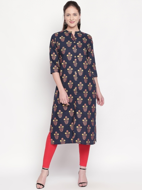 

ZRI Women Navy Blue & Red Printed Straight Kurta