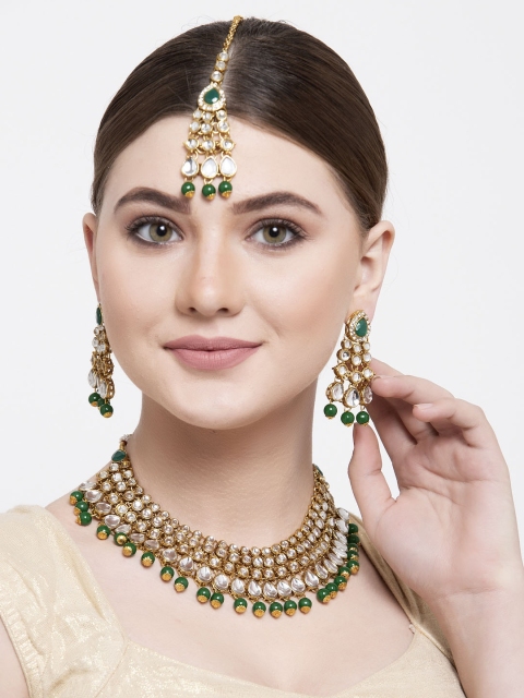 

Shining Diva Gold-Plated White & Green Kundan Studded Beaded Jewellery Set with Maang Tika