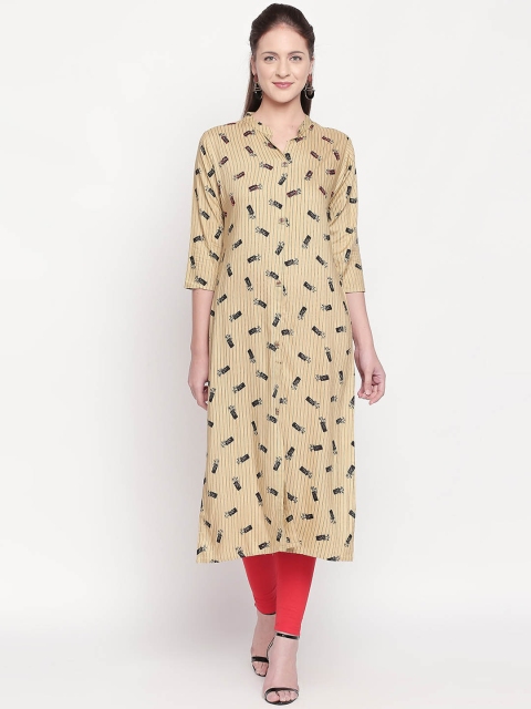 

ZRI Women Beige & Black Self Striped Straight Kurta