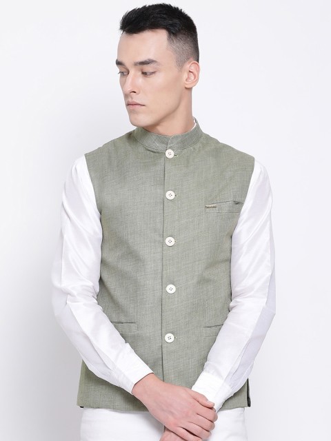 

DEVOILER Men Green Solid Woven Pure Cotton Nehru Jacket
