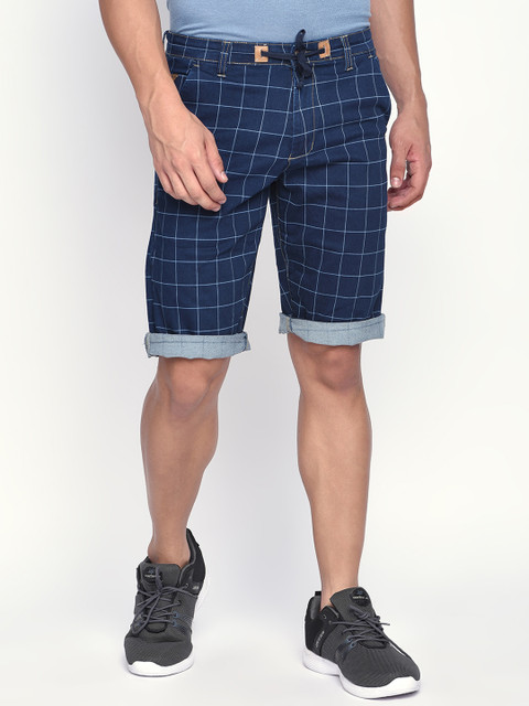 

beevee Men Navy Blue Checked Regular Fit Regular Denim Shorts