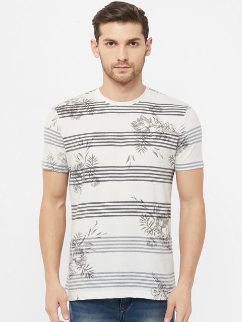 NEXGEN CLUB Men White & Grey Striped Round Neck T-shirt