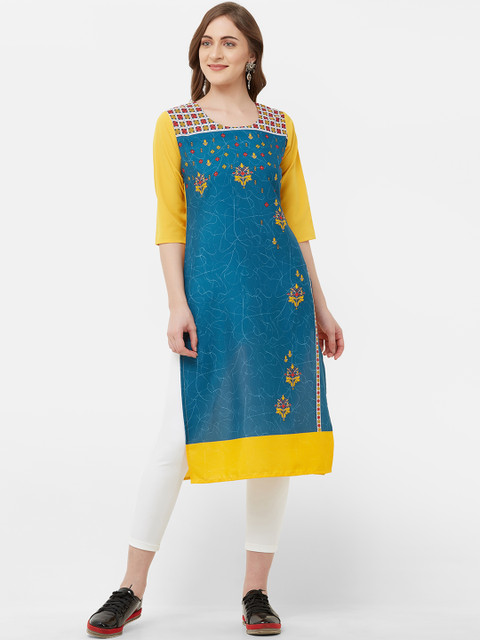 

7Threads Women Blue & Yellow Printed Straight Kurta