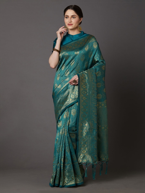 

Mitera Teal & Green Silk Blend Woven Design Banarasi Saree