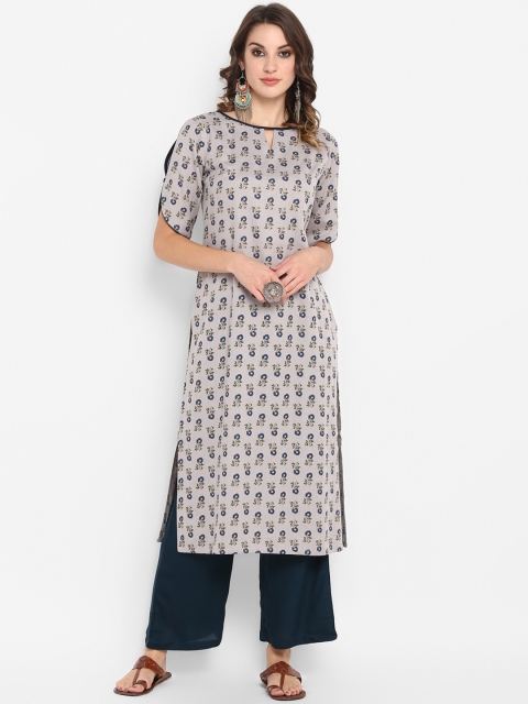 

Janasya Women Grey Printed Kurta with Palazzos