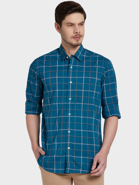 

ColorPlus Men Teal Green & White Tailored Fit Checked Casual Shirt
