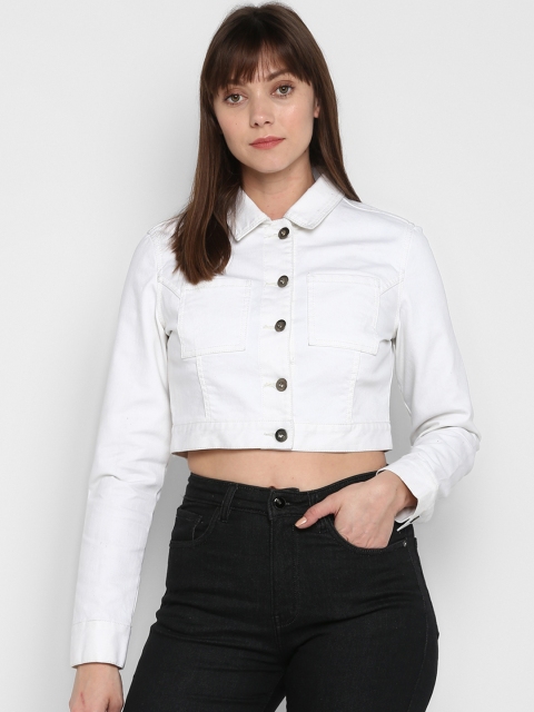 

FOSH Women White Solid Lightweight Crop Denim Jacket