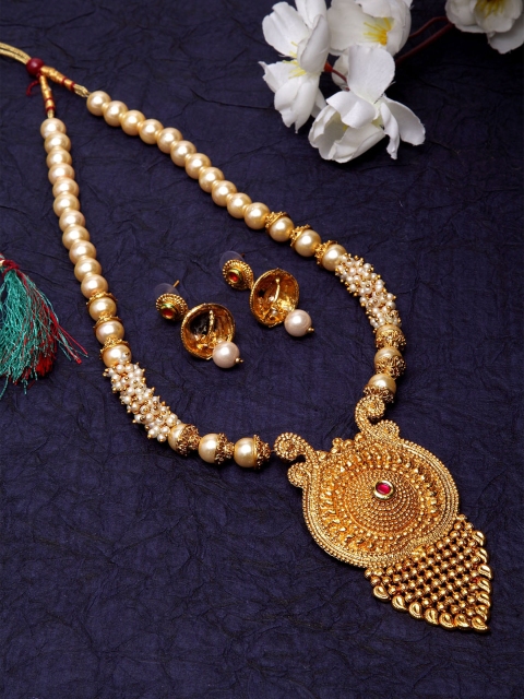 

Shining Diva Gold-Plated & Off-White Pearl Beaded Jewellery Set