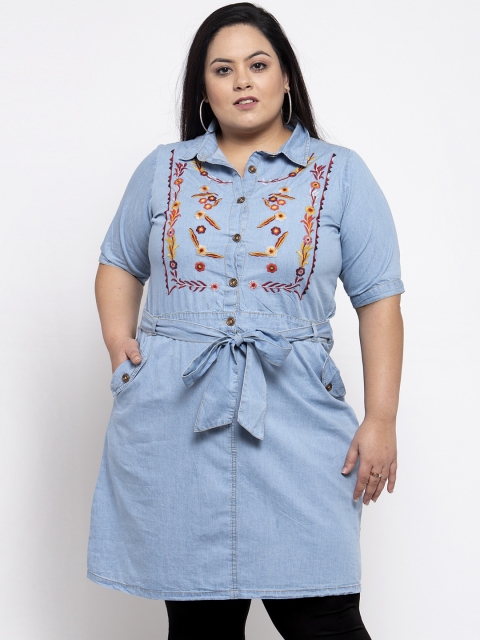 

plusS Women Blue & Orange Embroidered Tunic