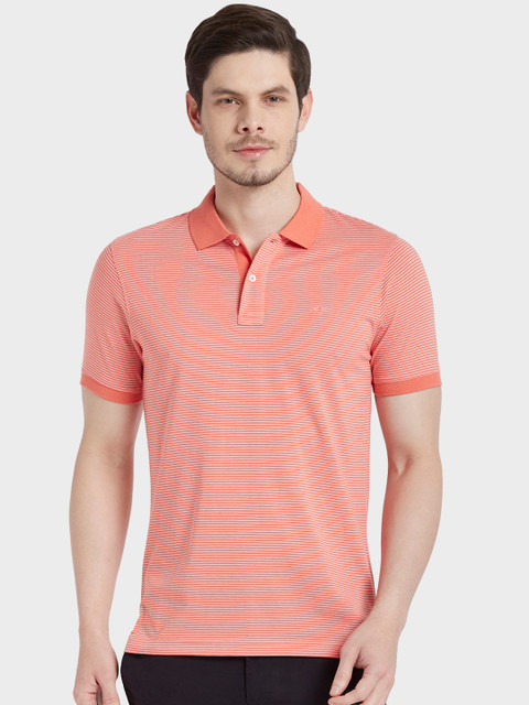 

ColorPlus Men Peach-Coloured Striped Polo Collar T-shirt
