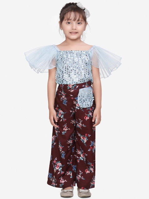 

LilPicks Girls Blue & Maroon Embellished Top with Palazzos