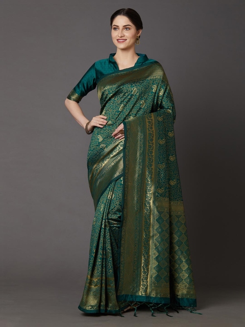 

Mitera Green & Golden Silk Blend Woven Design Banarasi Saree