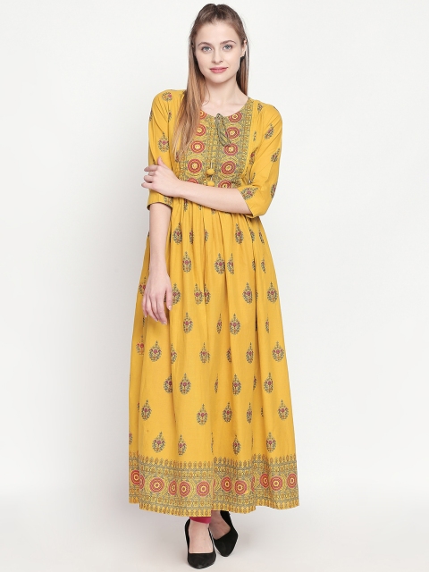 

ZRI Women Mustard Yellow & Green Printed Anarkali Kurta