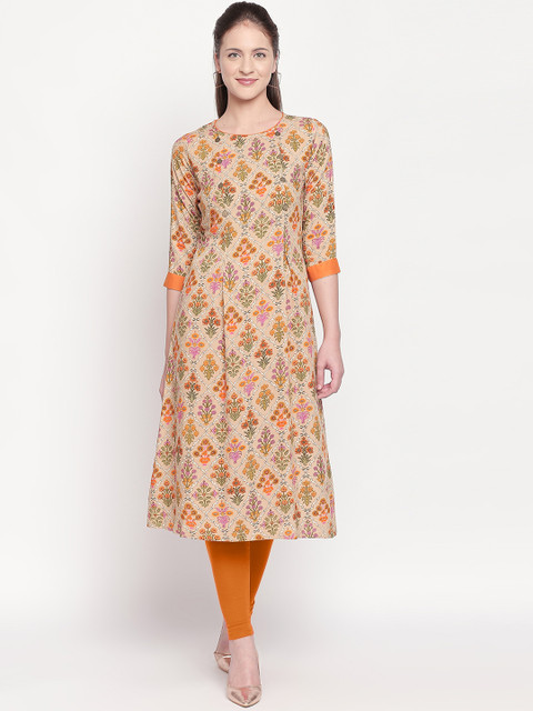 

ZRI Women Beige & Orange Printed A-Line Kurta