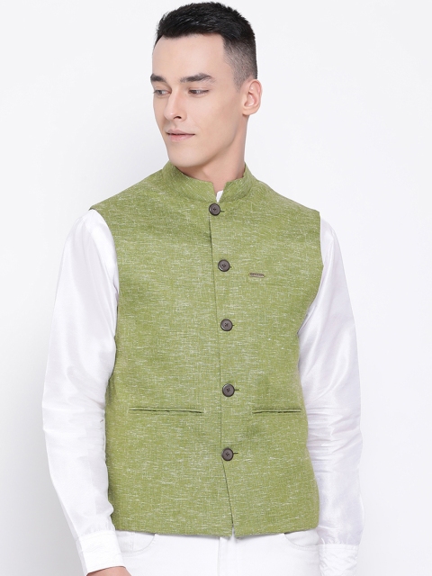 

DEVOILER Men Green Woven Design Pure Cotton Nehru Jacket