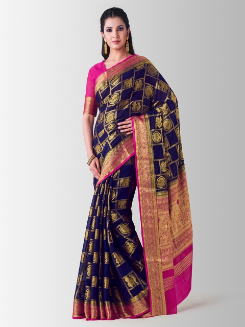 

Mitera Navy Blue & Gold-Toned Poly Chiffon Woven Design Patola Saree