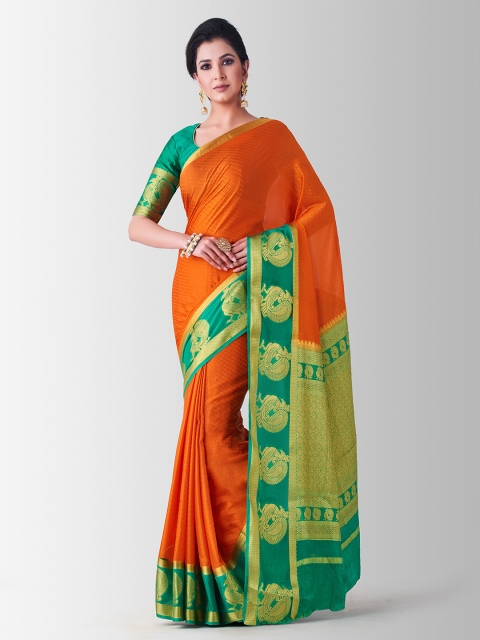 

Mitera Orange & Green Poly Crepe Woven Design Kanjeevaram Saree