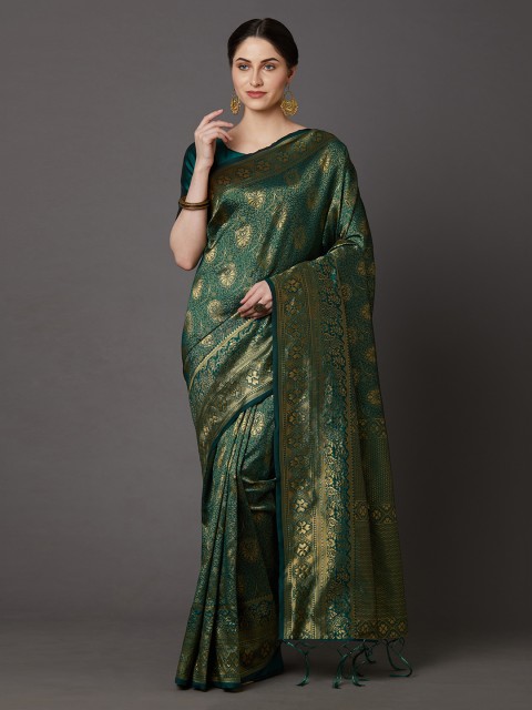 

Mitera Green & Golden Silk Blend Woven Design Banarasi Saree