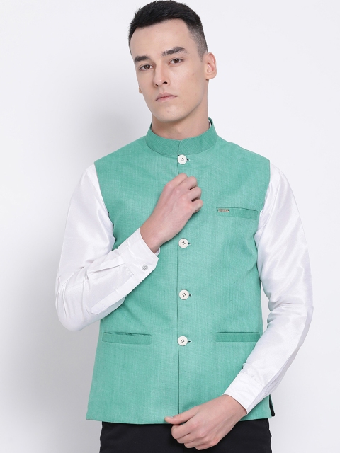 

DEVOILER Men Green Solid Woven Pure Cotton Nehru Jacket