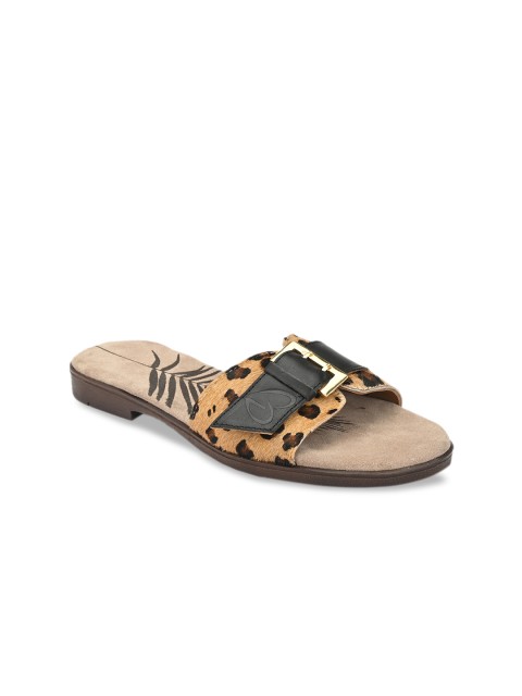 

Delize Women Beige & Black Printed Leather Open Toe Flats
