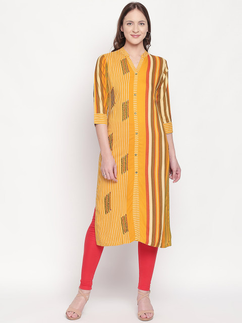 

ZRI Women Mustard Yellow & White Striped Straight Kurta