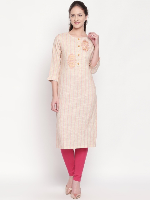 

ZRI Women Beige & Red Self Striped Straight Kurta