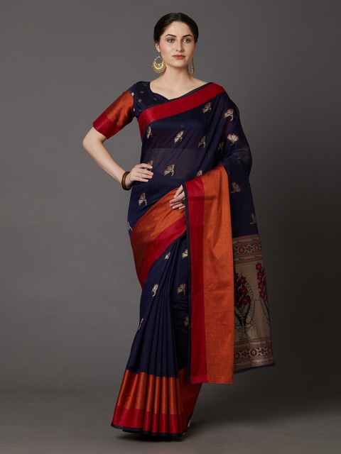

Mitera Navy Blue Silk Blend Woven Design Banarasi Saree
