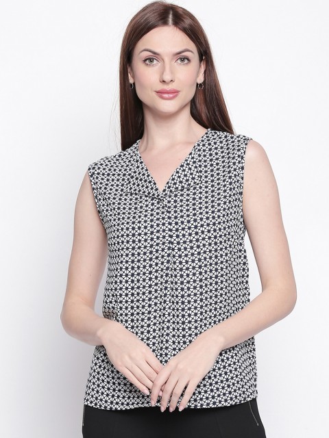 Annabelle by Pantaloons Women White & Navy Blue Printed Top