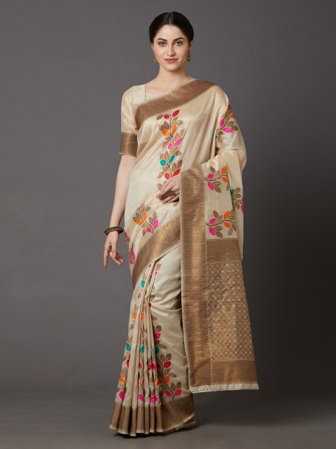 

Mitera Beige & Cream-Coloured Silk Blend Woven Design Banarasi Saree