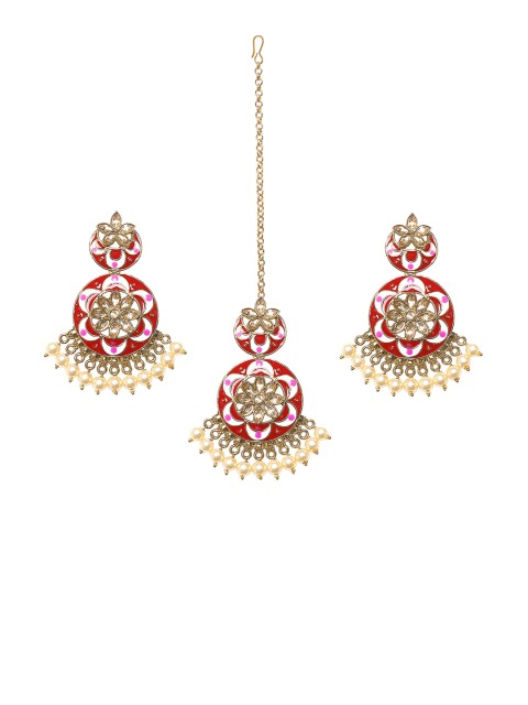 

SALWAR STUDIO Gold-Plated Sea Green & Off-White Kundan Studded Beaded Meenakari Jewellery Set, Red