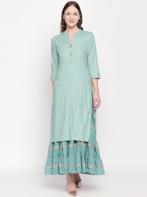 

ZRI Women Green & Golden Printed Layered A-Line Kurta