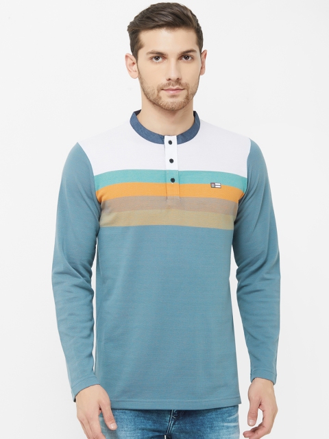 

NEXGEN CLUB Men Blue & White Colourblocked Mandarin Collar T-shirt