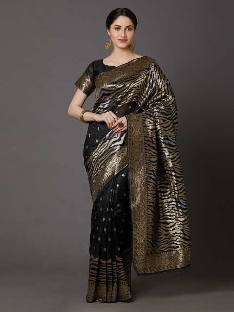 

Mitera Black & Silver-Toned Silk Blend Woven Design Banarasi Saree
