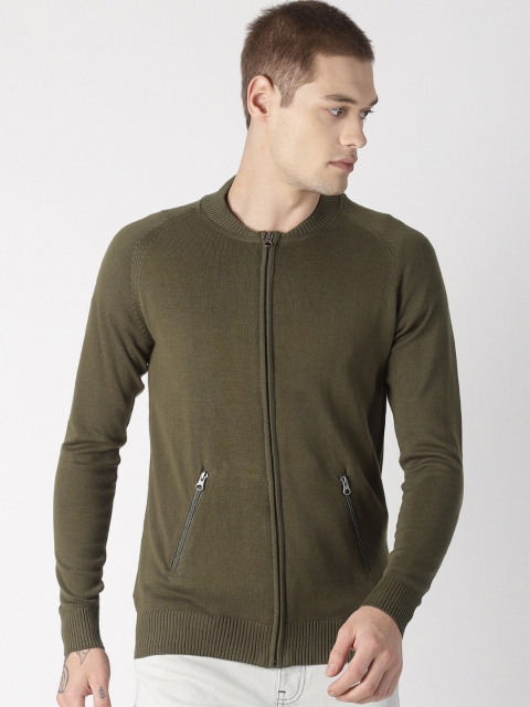 

Blue Saint Men Olive Green Solid Front-Open Sweater