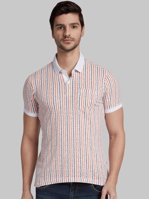 

Parx Men White Striped Polo Collar T-shirt