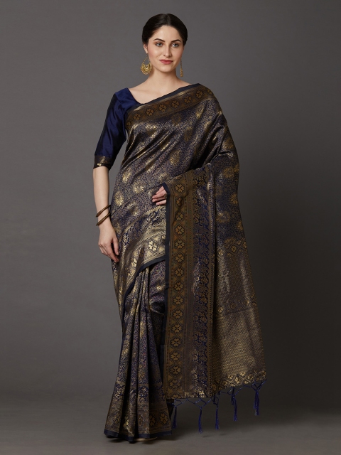 

Mitera Navy Blue & Gold-Toned Silk Blend Woven Design Banarasi Saree