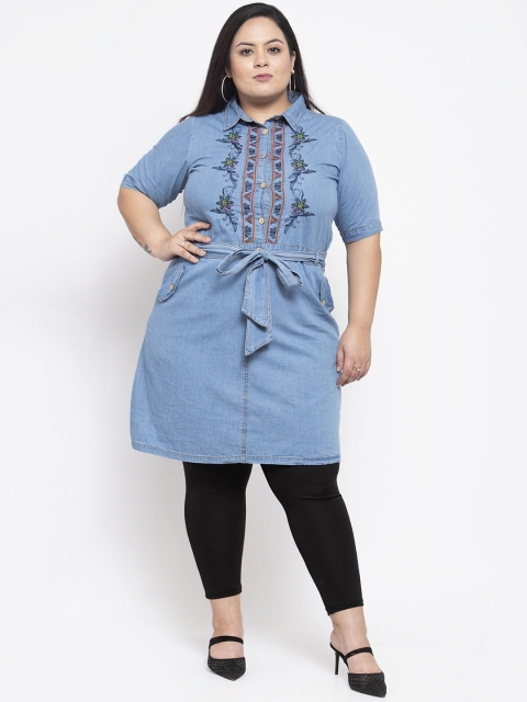 

plusS Women Blue Embroidered Tunic