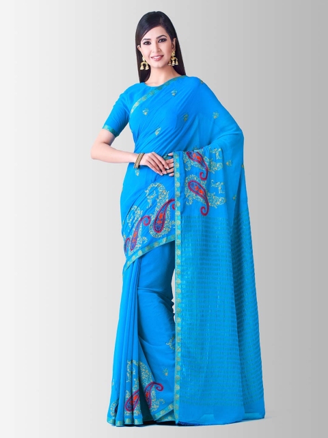 

Mitera Blue Embroidered Poly Chiffon Saree