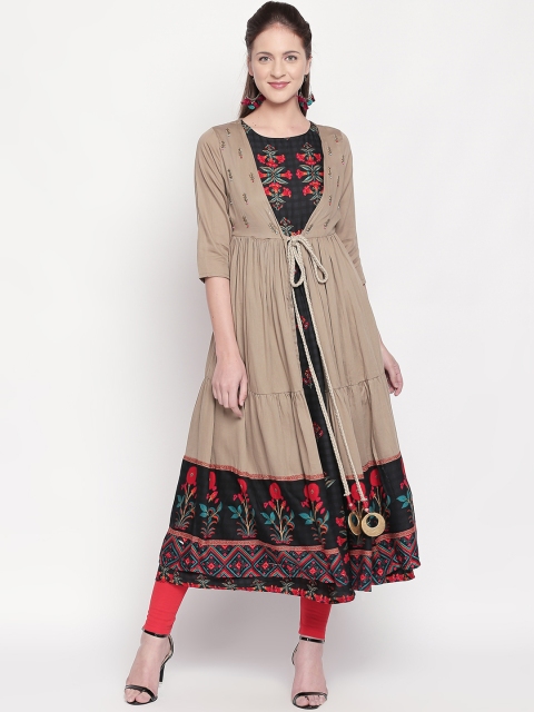

ZRI Women Beige & Black Printed Layered A-Line Kurta