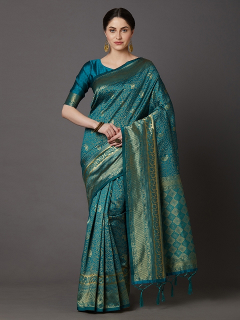 

Mitera Teal Blue & Gold-Toned Silk Blend Woven Design Banarasi Saree