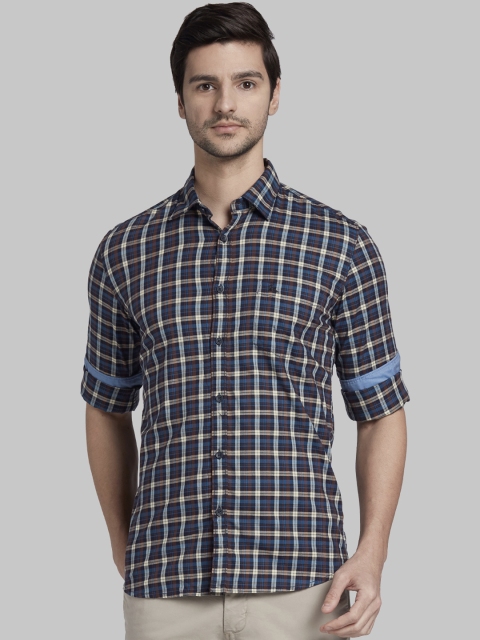 

Parx Men Brown & Blue Slim Fit Checked Casual Shirt