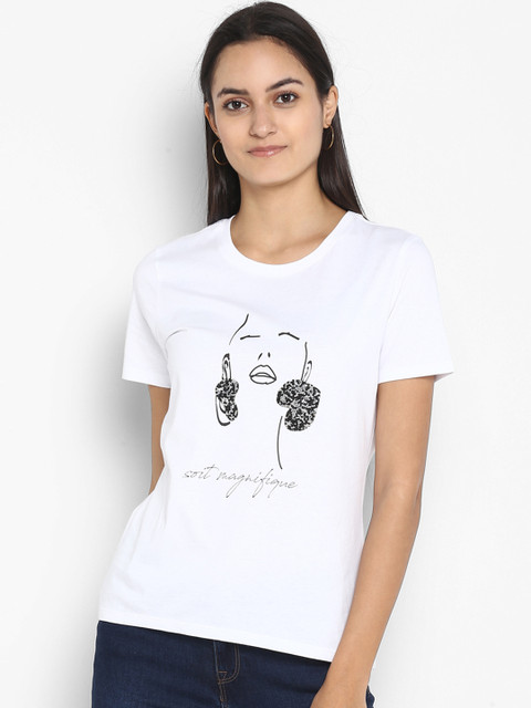 

Mode by Red Tape Women White Printed Round Neck T-shirt