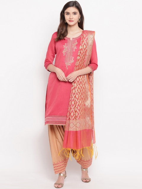 

Kvsfab Coral Pink & Beige Solid Unstitched Dress Material With Embroidered Detail