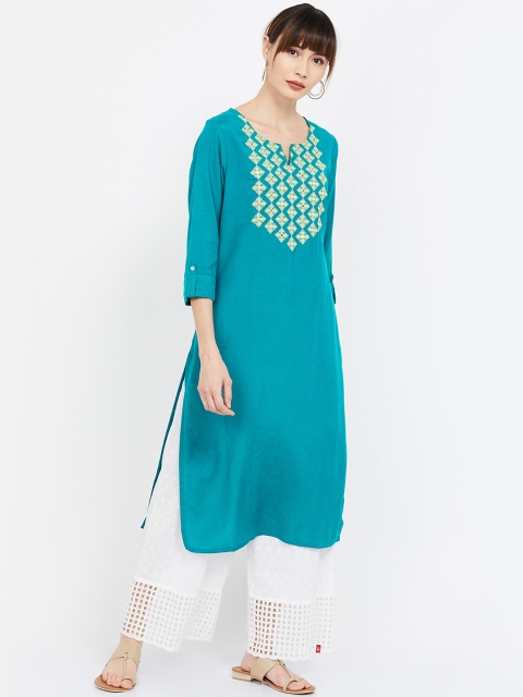 

Melange by Lifestyle Women Teal & Yellow Yoke Design Straight Kurta